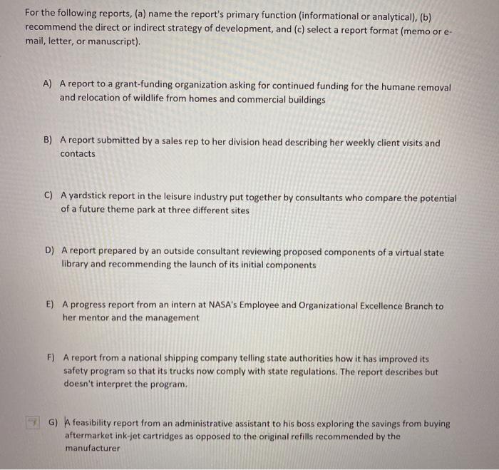 For the following reports, (a) name the report's