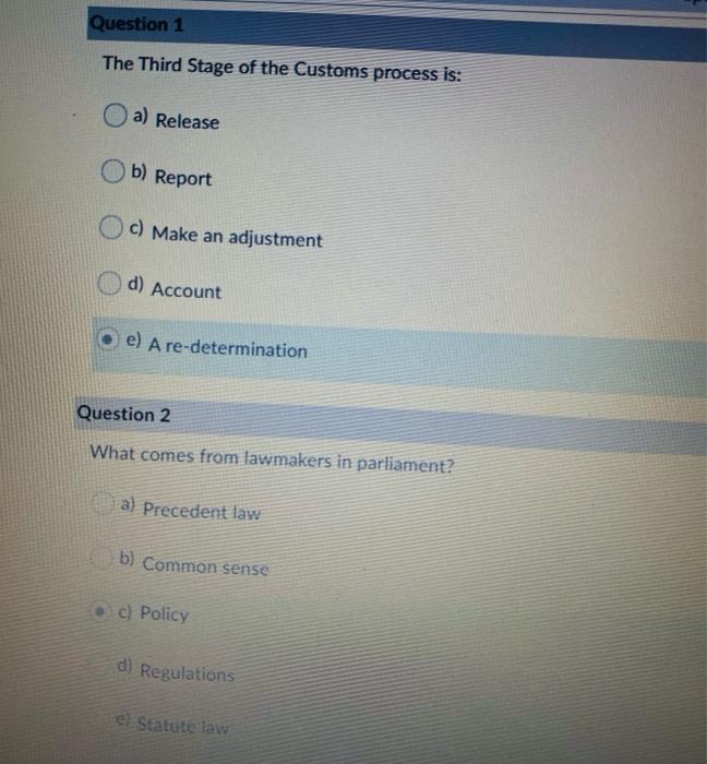 this is for canada custom , mcq Question 9 What