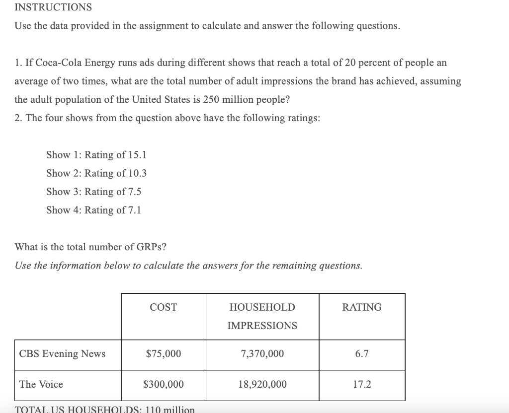 INSTRUCTIONS Use the data provided in the