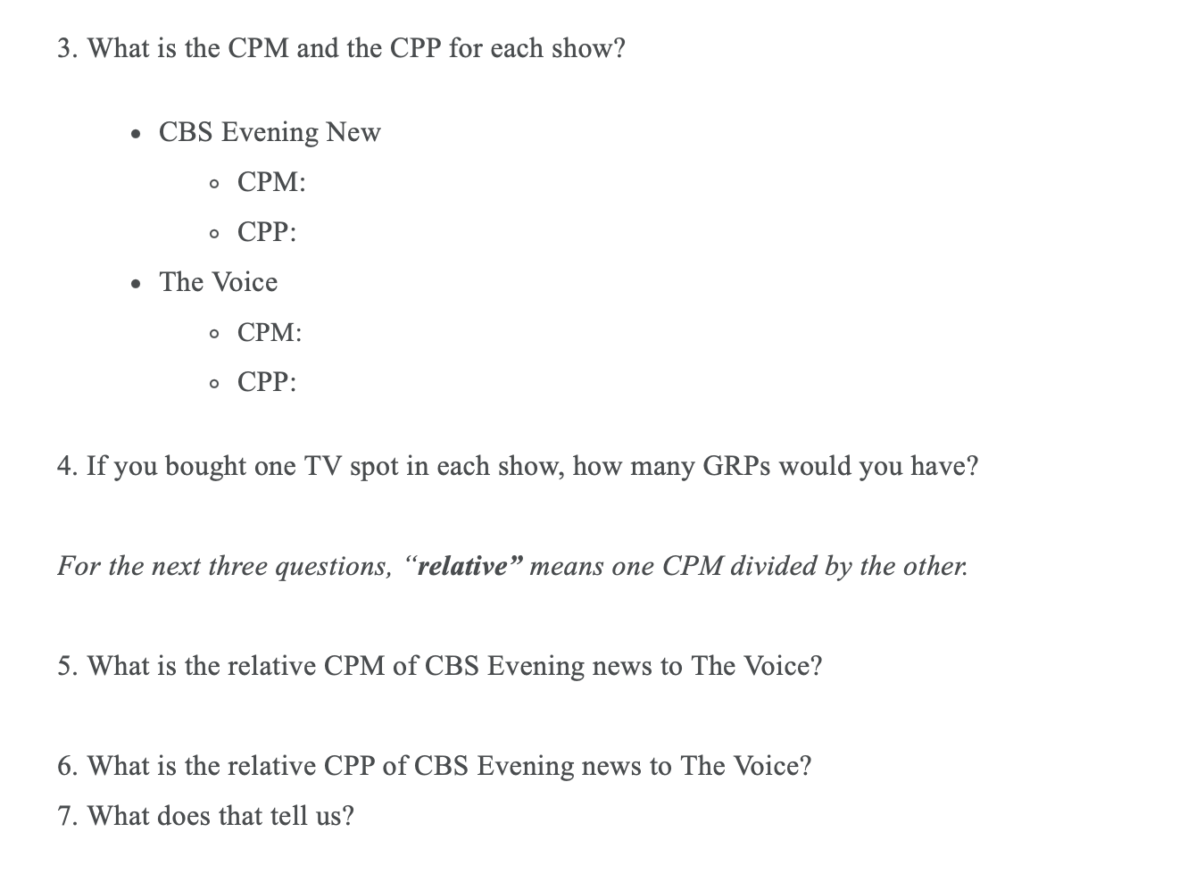 INSTRUCTIONS Use the data provided in the