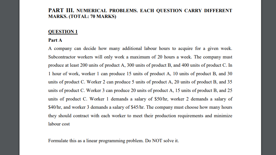 PART III. NUMERICAL PROBLEMS. EACH QUESTION CARRY
