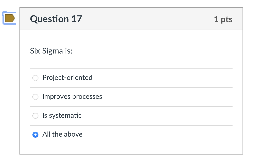 Question 17 1 pts Six Sigma is: Project-oriented
