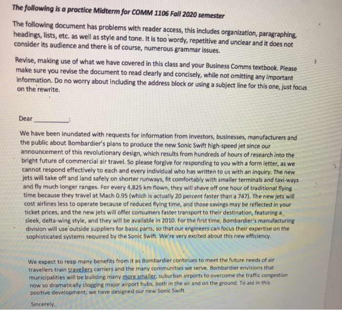 The following is a practice Midterm for COMM 1106