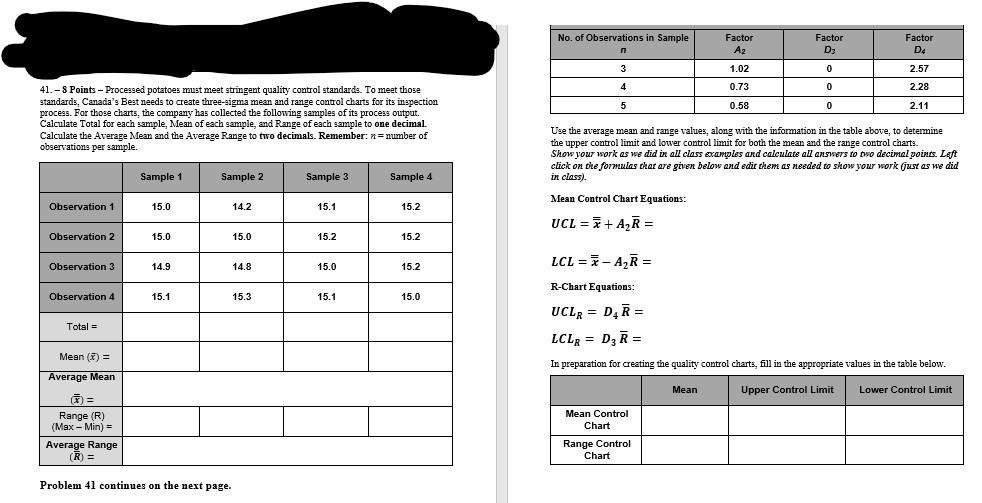 No. of Observations in Sample n Factor A2 Factor