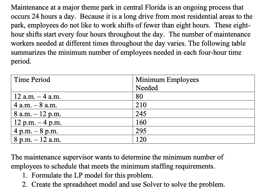 Solve question by using excel: Maintenance at a
