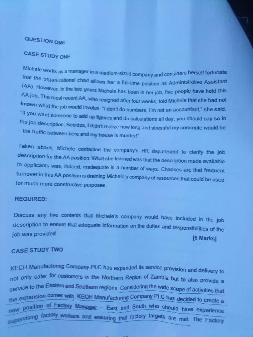 QUESTION ONE CASE STUDY ONE Michele works as a