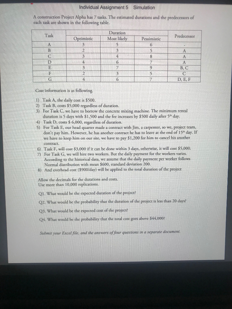 Individual Assignment 5 Simulation A construction