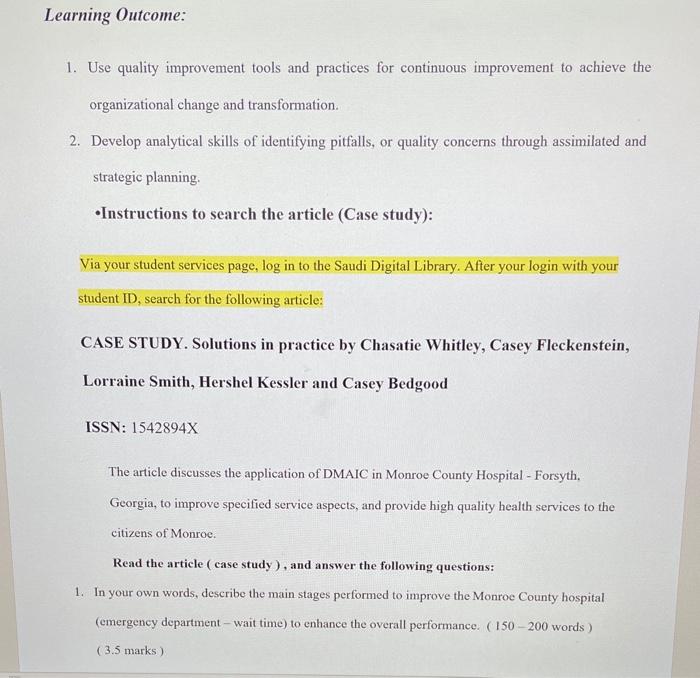 Learning Outcome: 1. Use quality improvement
