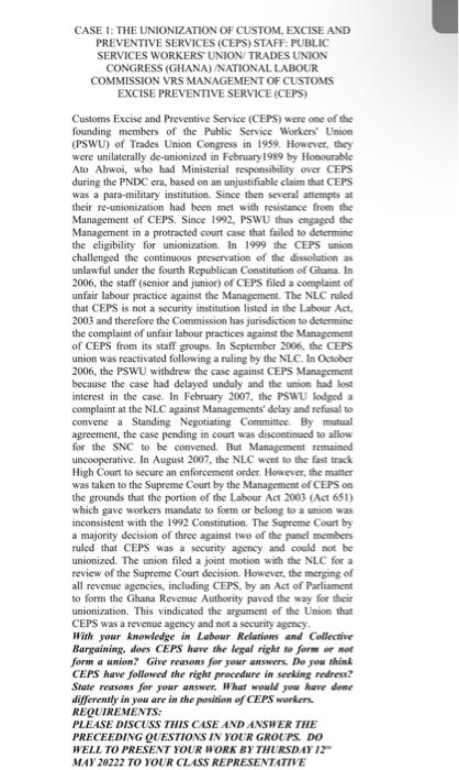 CASE 1: THE UNIONIZATION OF CUSTOM, EXCISE AND