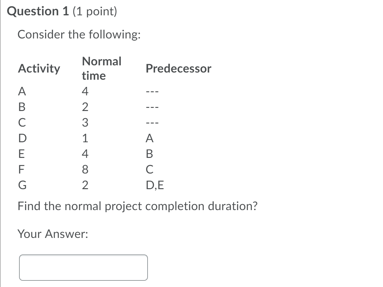 Question 1 (1 point) Consider the following: