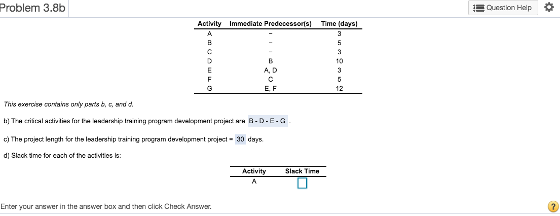 What is Slack time? Problem 3.8b Question Help O