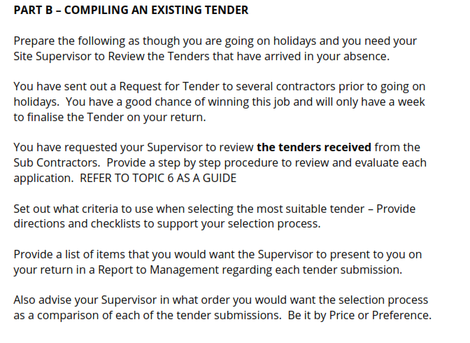 PART B-COMPILING AN EXISTING TENDER Prepare the