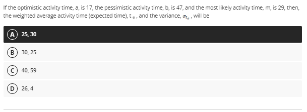 If the optimistic activity time, a, is 17, the