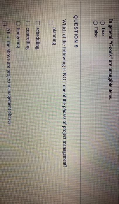 In general "Goods" are intangible items. O True O