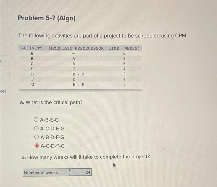 Problem 5-7 (Algo) The following activities are