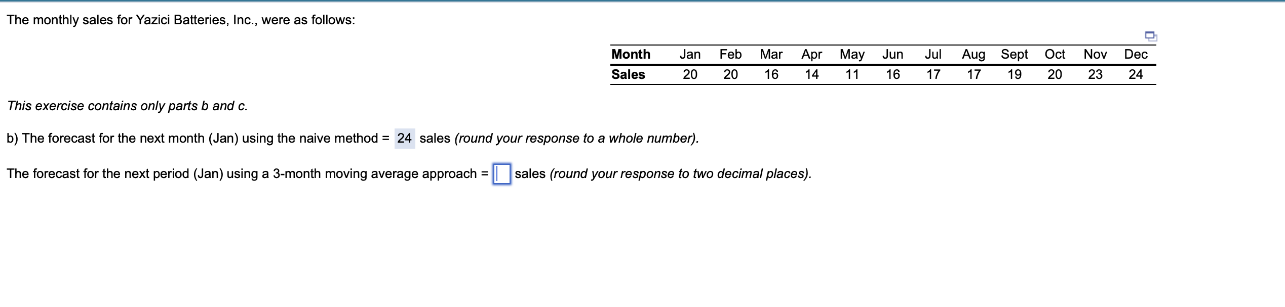 The monthly sales for Yazici Batteries, Inc.,