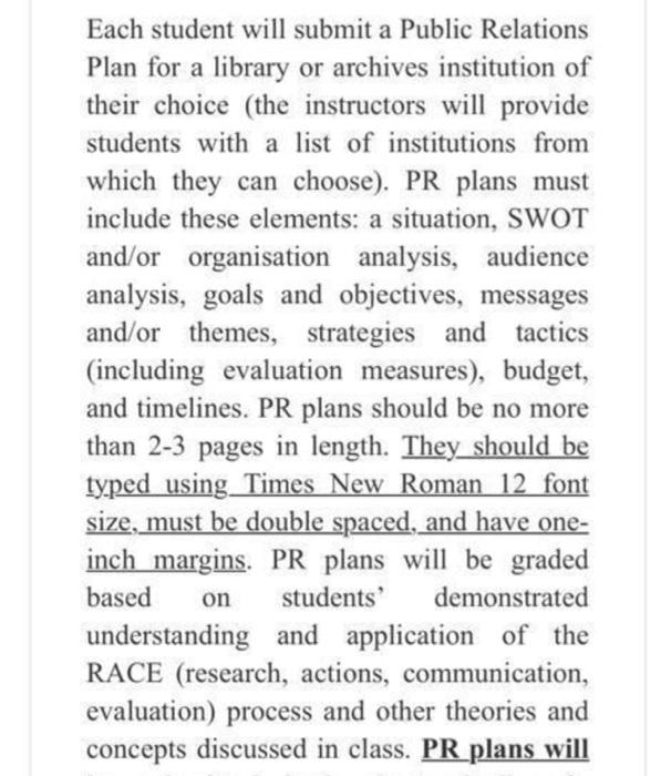 Each student will submit a Public Relations Plan
