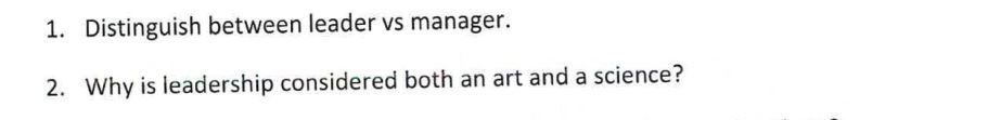 1. Distinguish between leader vs manager. 2. Why