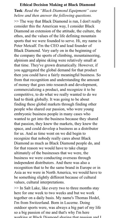 Ethical Decision Making at Black Diamond Task: