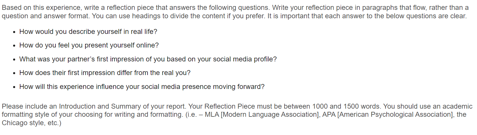 Based on this experience, write a reflection