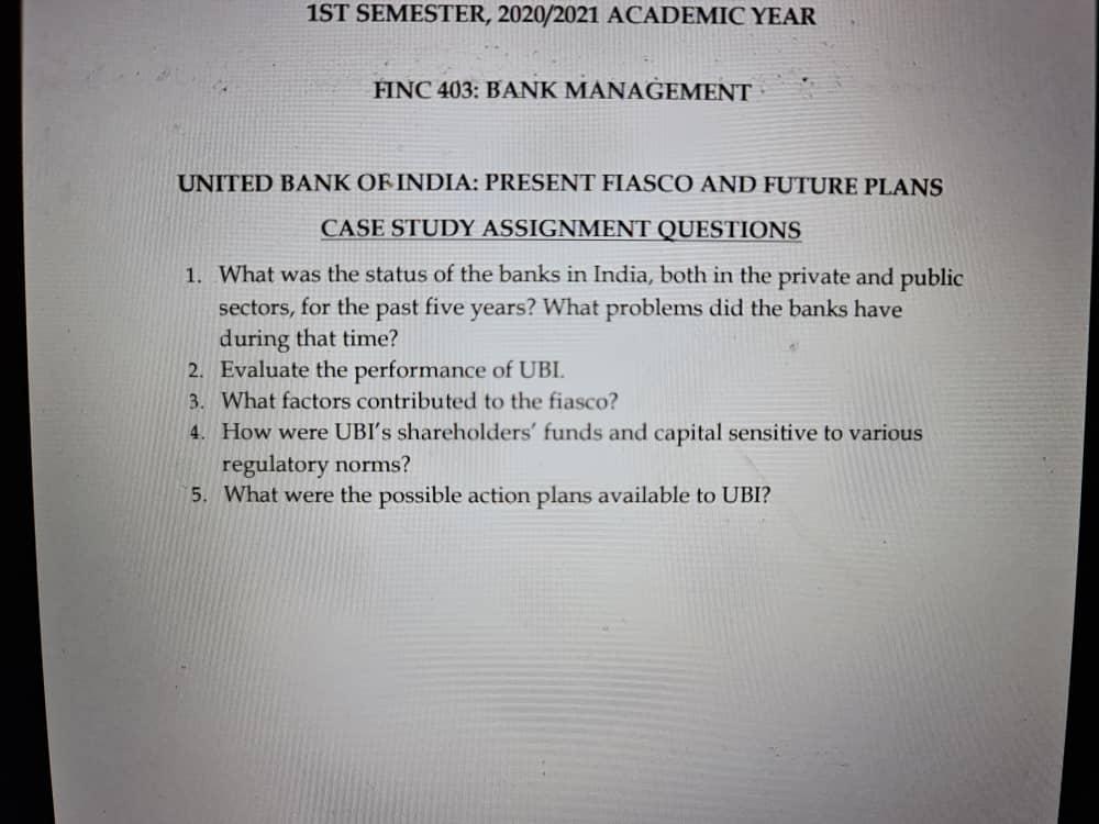 1ST SEMESTER, 2020/2021 ACADEMIC YEAR FINC 403: