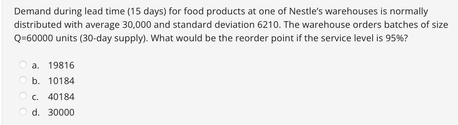 Demand during lead time ( 15 days) for food