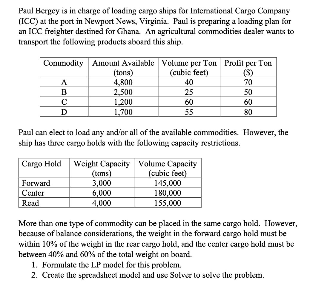 Solve question by using excel: Solve Paul Bergey