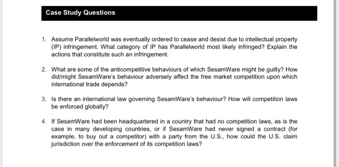 Case Study Questions 1. Assume Parallelworld was