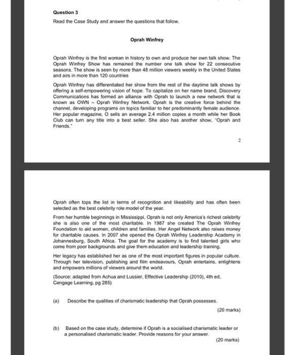 Question 3 Read the Case Study and answer the