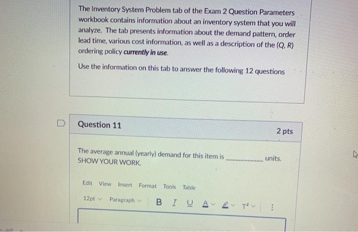 Inventory System Problem Parameters Daily demand