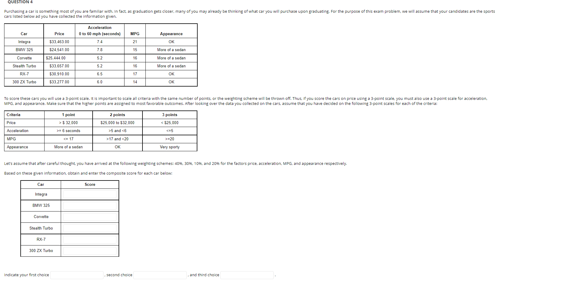 help please QUESTION 4 Purchasing a car is