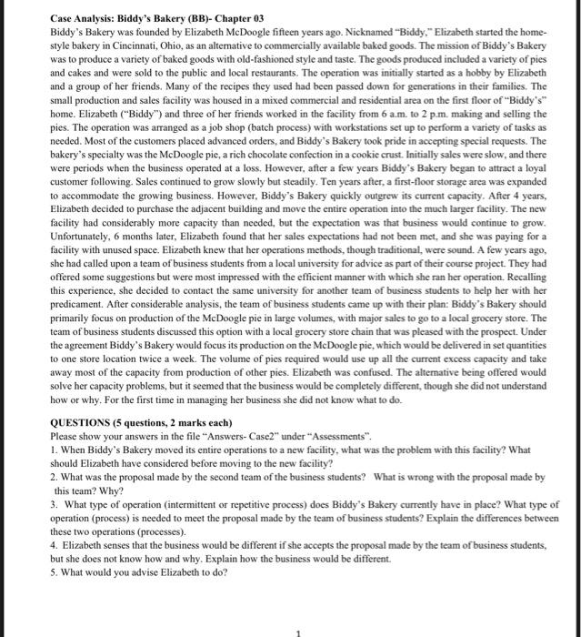 Case Analysis: Biddy's Bakery (BB)- Chapter 03