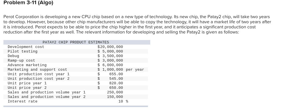 Problem 3-11 (Algo) Perot Corporation is