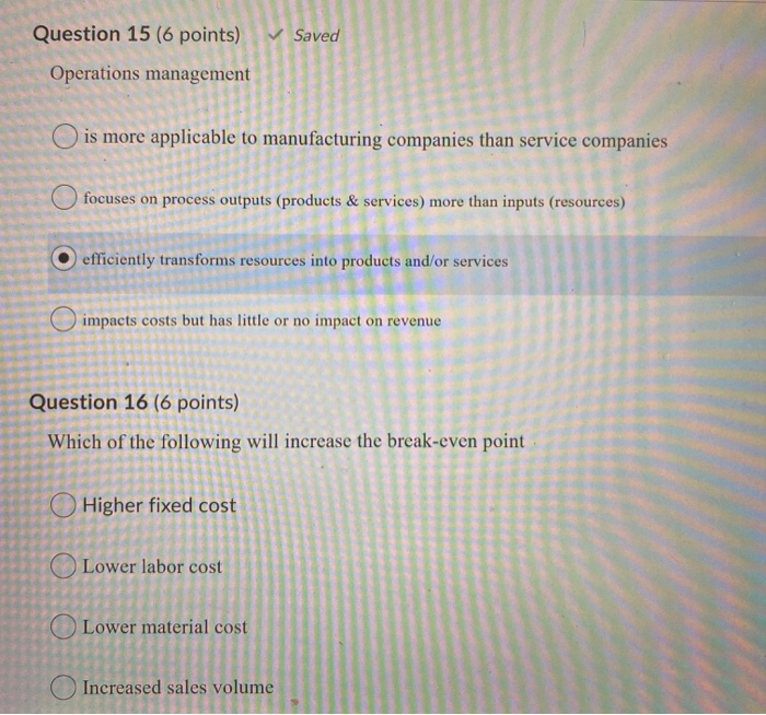Question 15 (6 points) Saved Operations