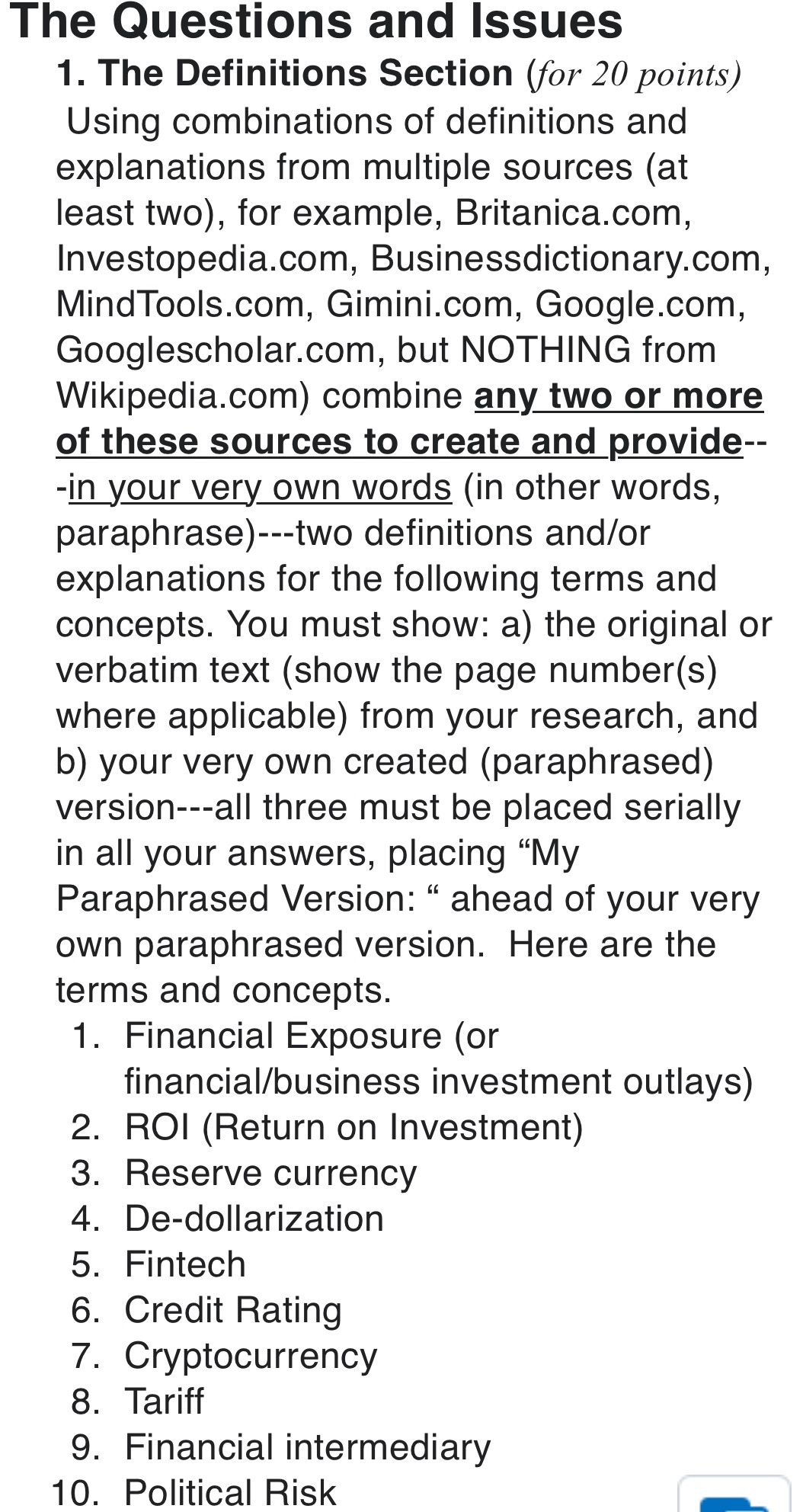 The Questions and Issues 1. The Definitions