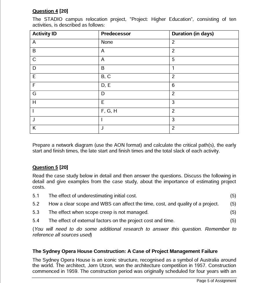 Question 4 [20] The STADIO campus relocation