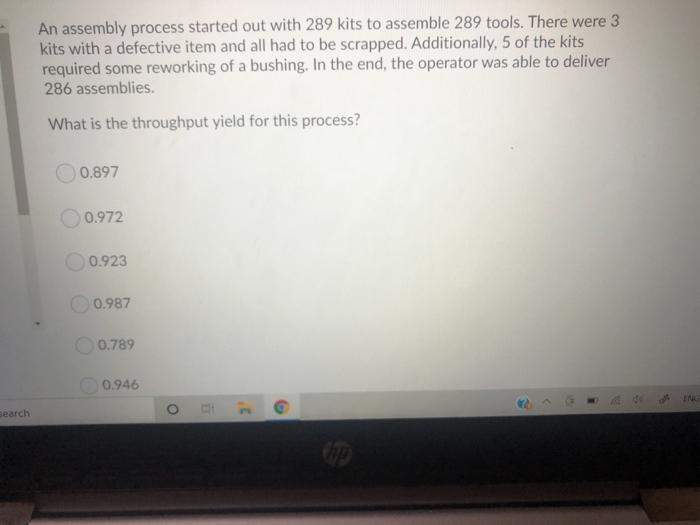 An assembly process started out with 289 kits to