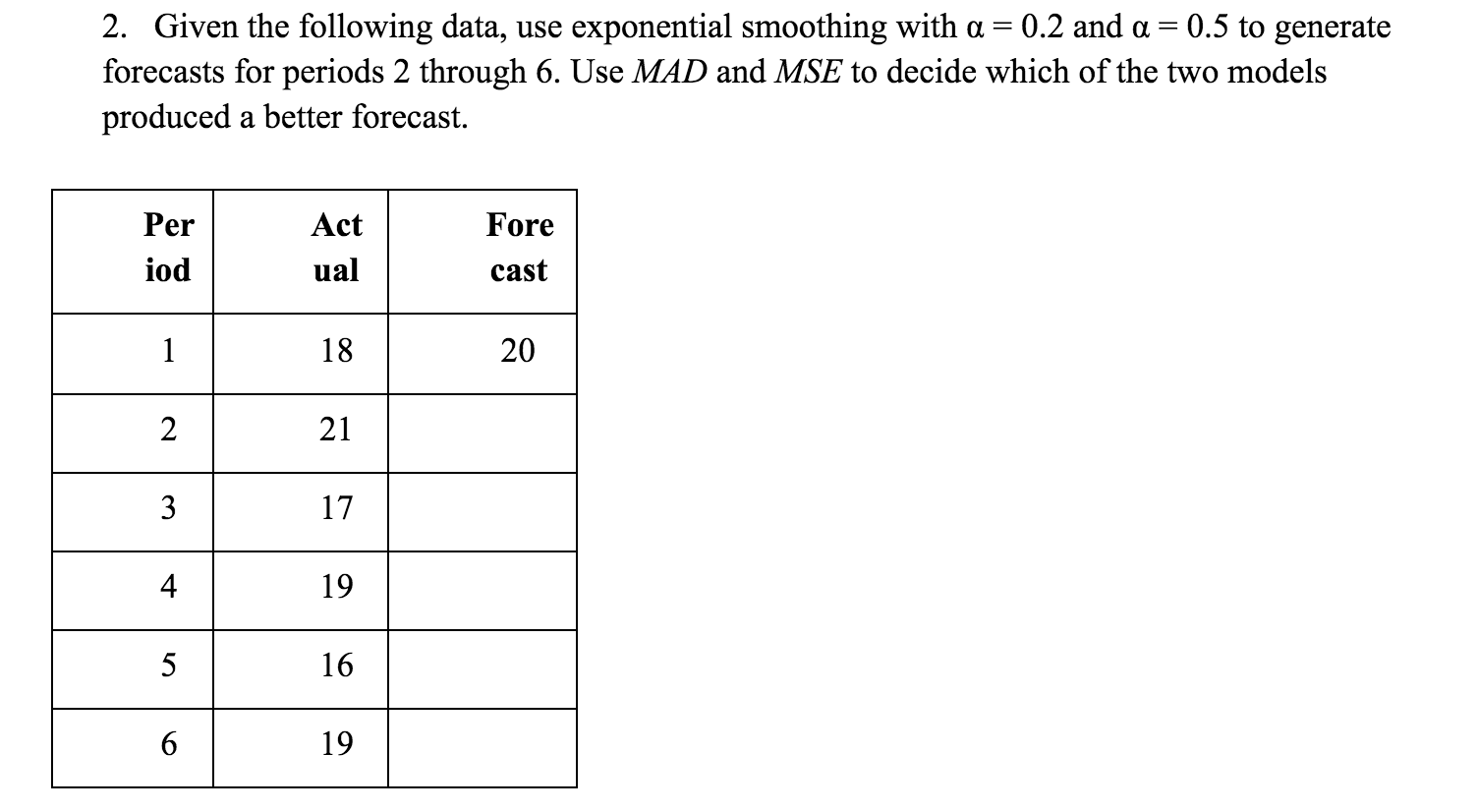 2. Given the following data, use exponential