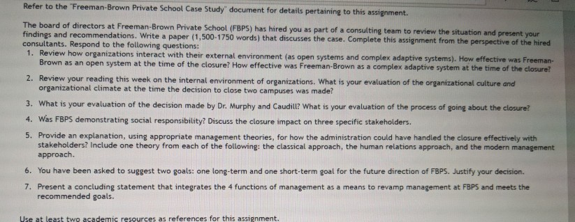 Refer to the Freeman-Brown Private School Case