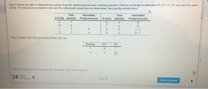 detertermine ES, EF, LS,LF, and slack for each