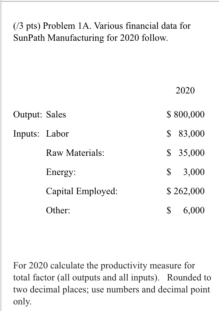 (13 pts) Problem 1A. Various financial data for