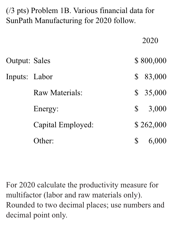 (13 pts) Problem 1A. Various financial data for