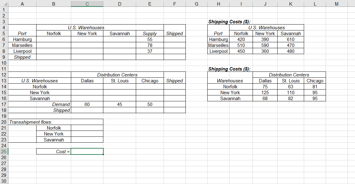 ****Network design problem using Excel Solver