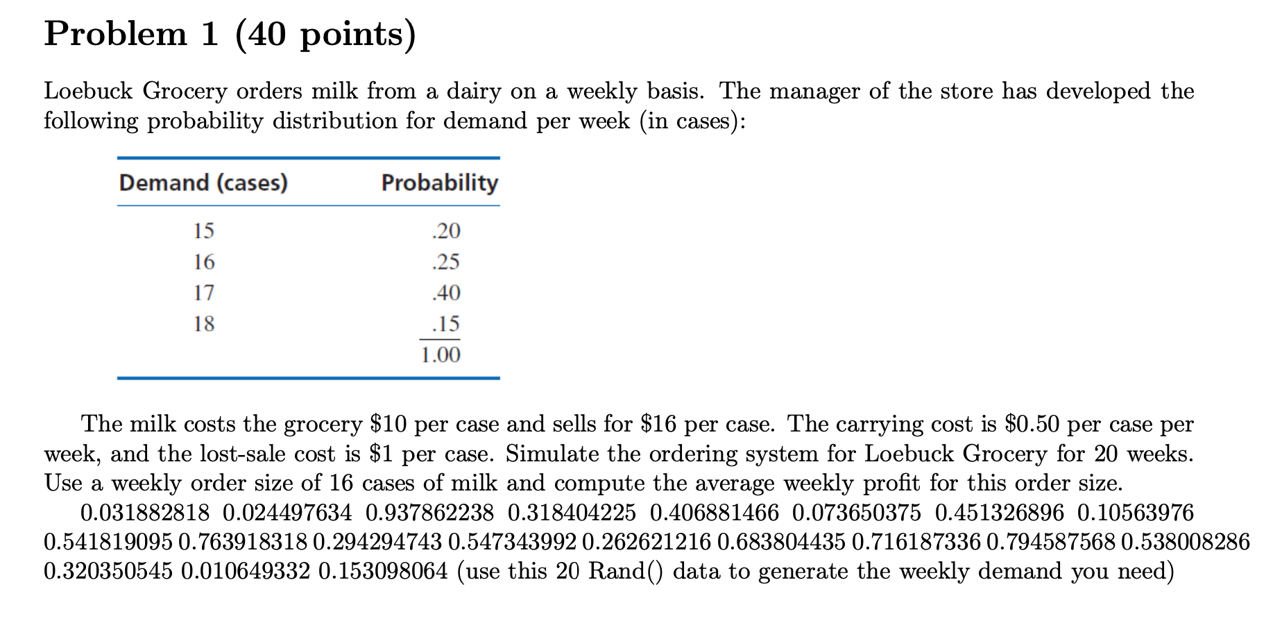 Problem 1 (40 points) Loebuck Grocery orders milk