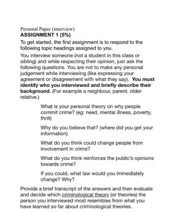 Personal Paper (interview) ASSIGNMENT 1 (5%) To