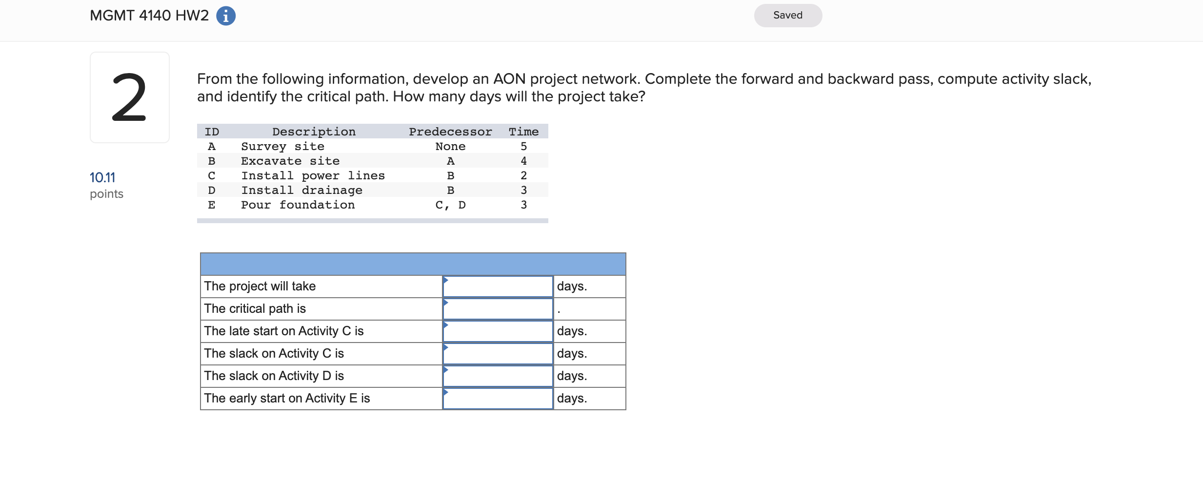 Please help only have one try! MGMT 4140 HW2 i