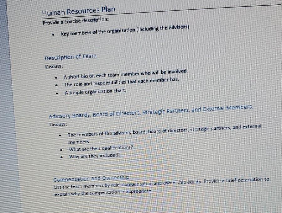 Human Resources Plan Provide a concise