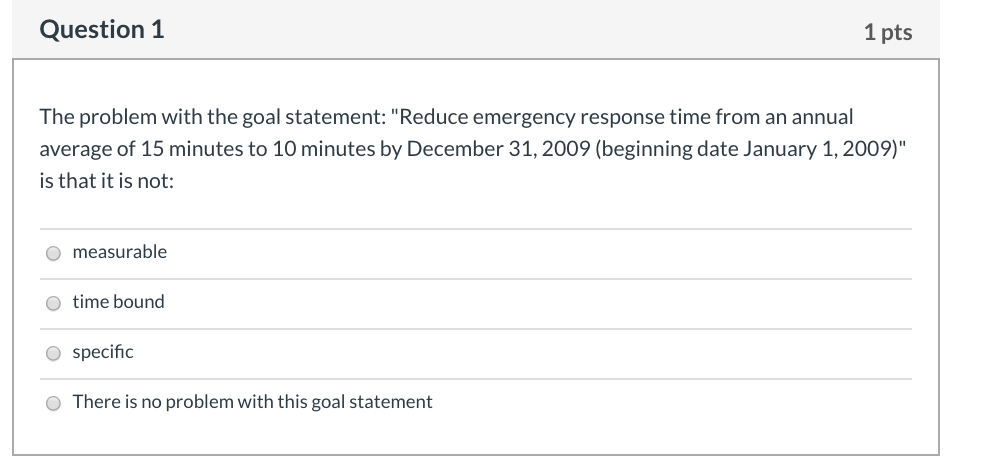 Question 1 1 pts The problem with the goal