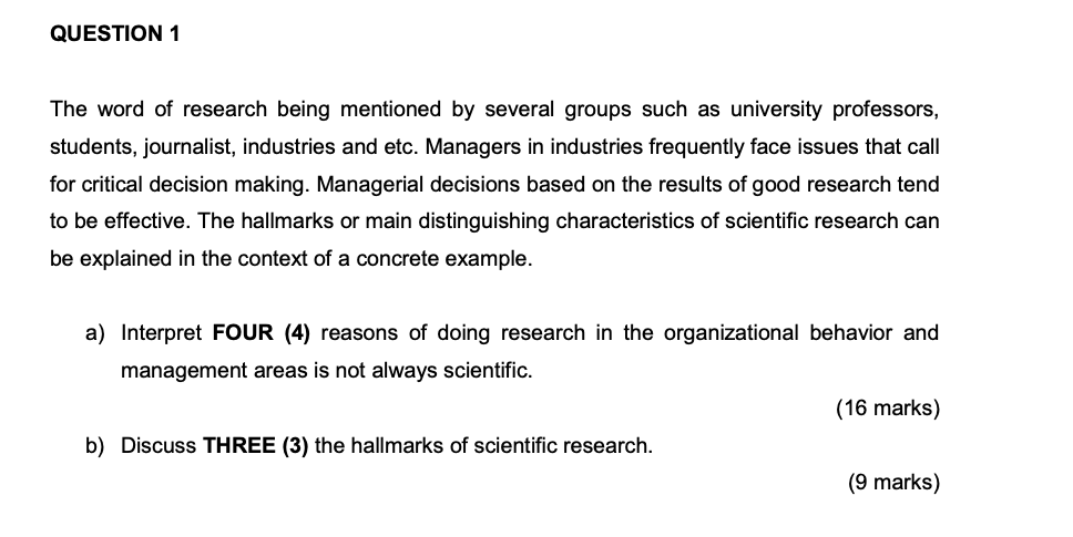 Answer Question a QUESTION 1 The word of research