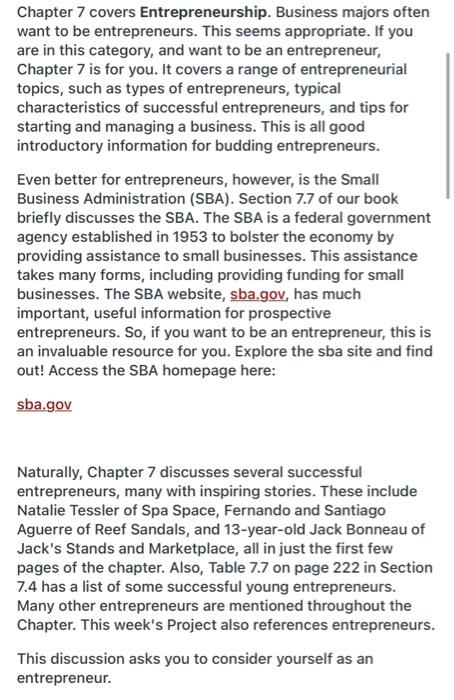 Chapter 7 covers Entrepreneurship. Business